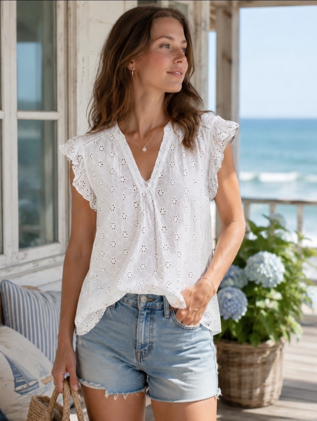 Sundance Florina Eyelet White Ruffle Sleeve Top Size Large